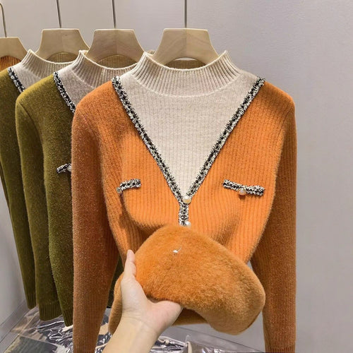 Dame mode V-hals pullover med glimmerdetaljer og knapper Stilla