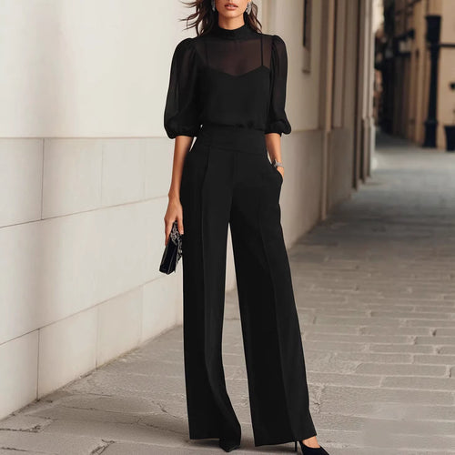 Damer elegant bluse sæt med brede ben og transparente ærmer Skovae