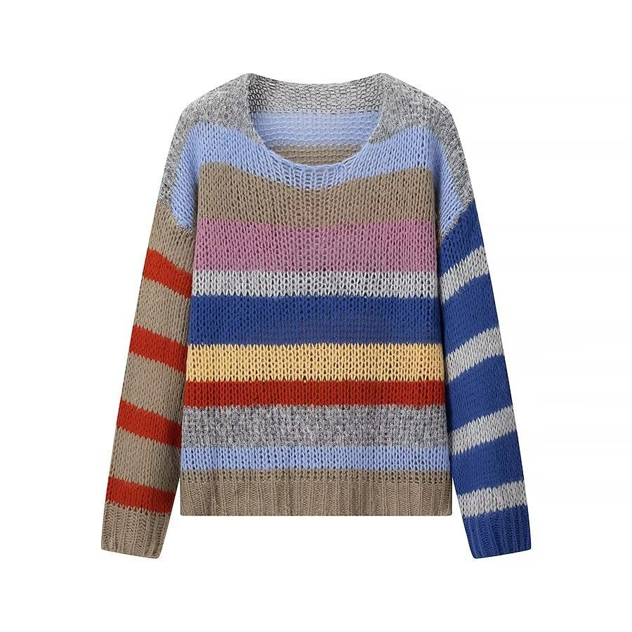 Kvinders luftige strikket sweater med farverigt stribemønster Stilla