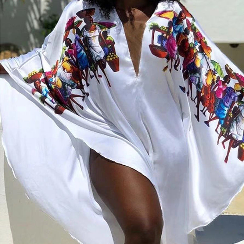Dame luftig strandkimono med farverigt kulturelt motiv Stilla