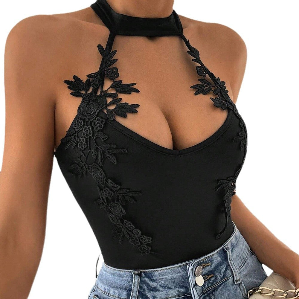 Dame halter bodysuit med blomsterkniplinger og dyb V-hals Stilla