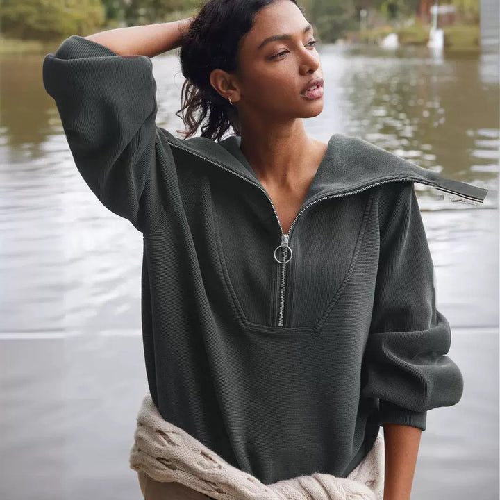Dame Oversized Sweatshirt med elegant krave og lynlås Stilla