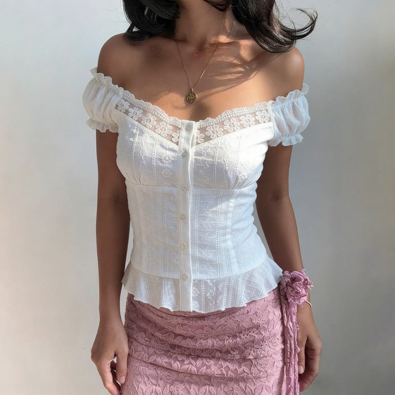 Damer Elegant bluse top med legende puff ærmer og knaplukning Skovae
