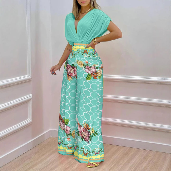 Dame Elegant Jumpsuit med blomsterdesign og dyb V-udskæring Stilla