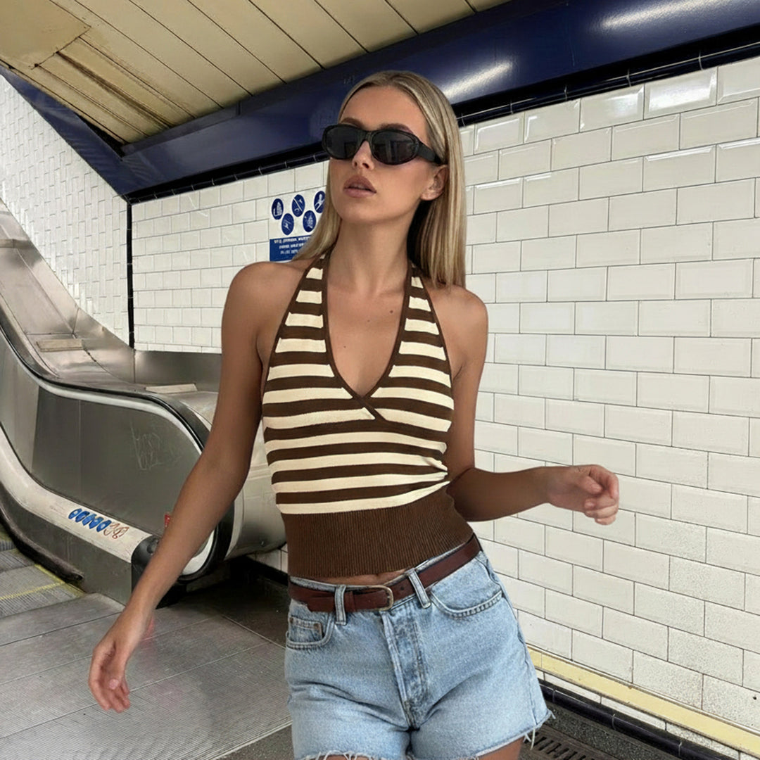 Damer sportigt Crop-top med justerbart rygdesign och kontrasterande ränder Skovae