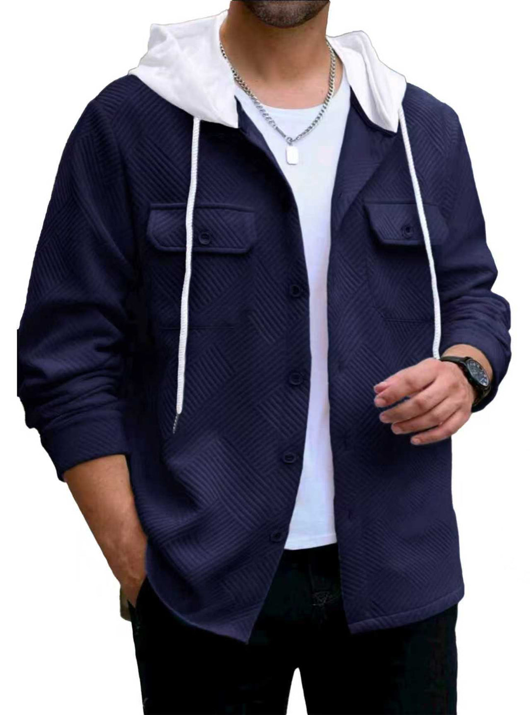 Herren nan struktureret overshirtjakke med quiltet diagonalt mønster, kontrast hætte og påsyede brystklapper Skovae