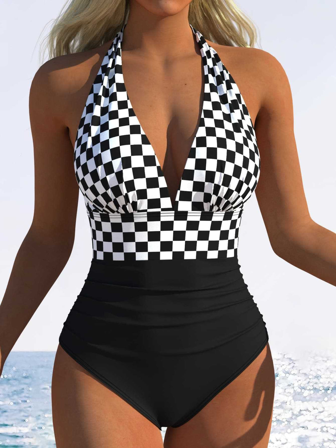 Dame one-piece badeanstalt med floral V-udskæring og høj talje Skovae