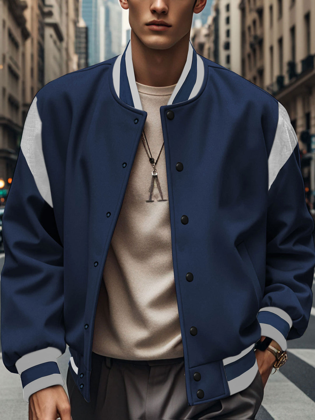 Herren nan let Collegejakke i Varsity-look med trykknaplukning, ribkant og kontrast-skulderstykke Skovae