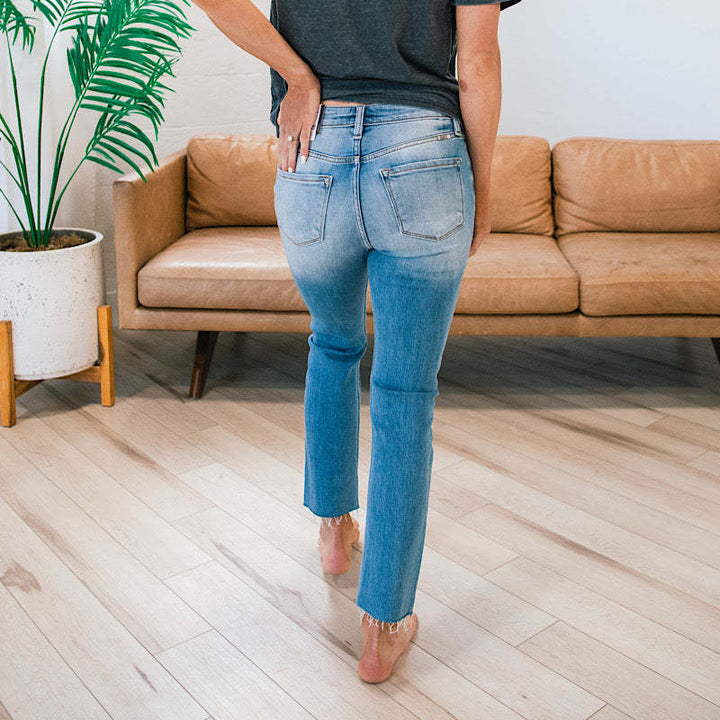 Kvinder Højtaljede Jeans med knapindsats og frynset kant Stilla