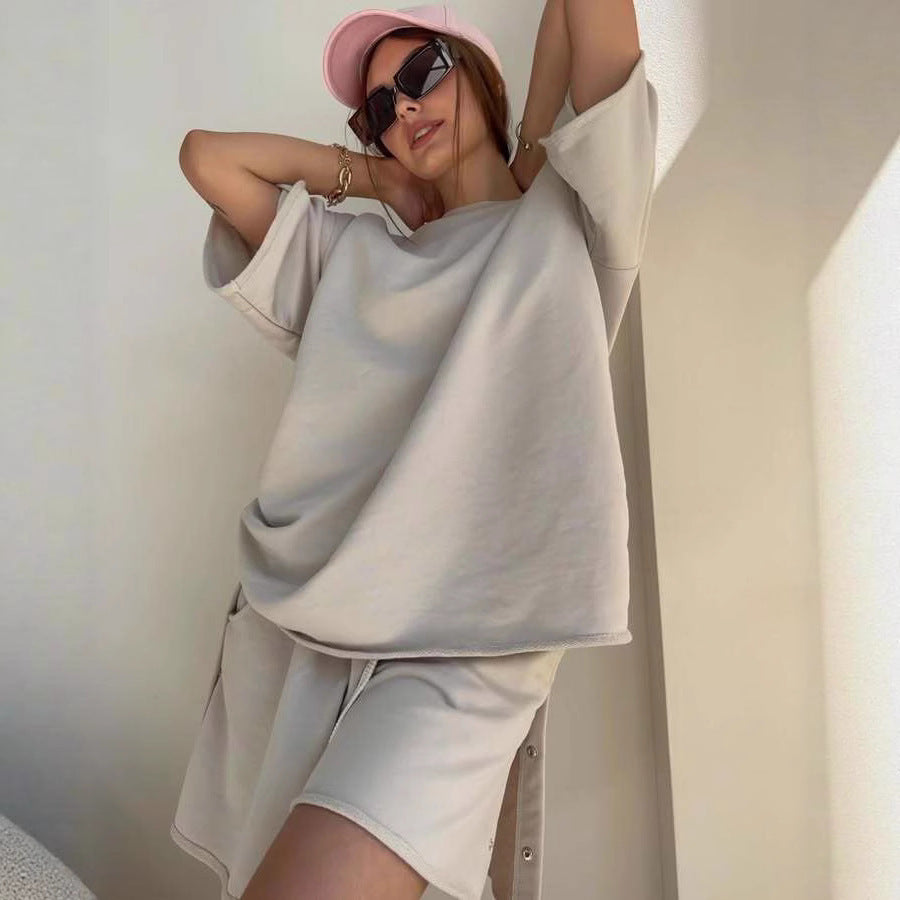 Kvinders afslappede top og shorts sæt med knapdetaljer Skovae