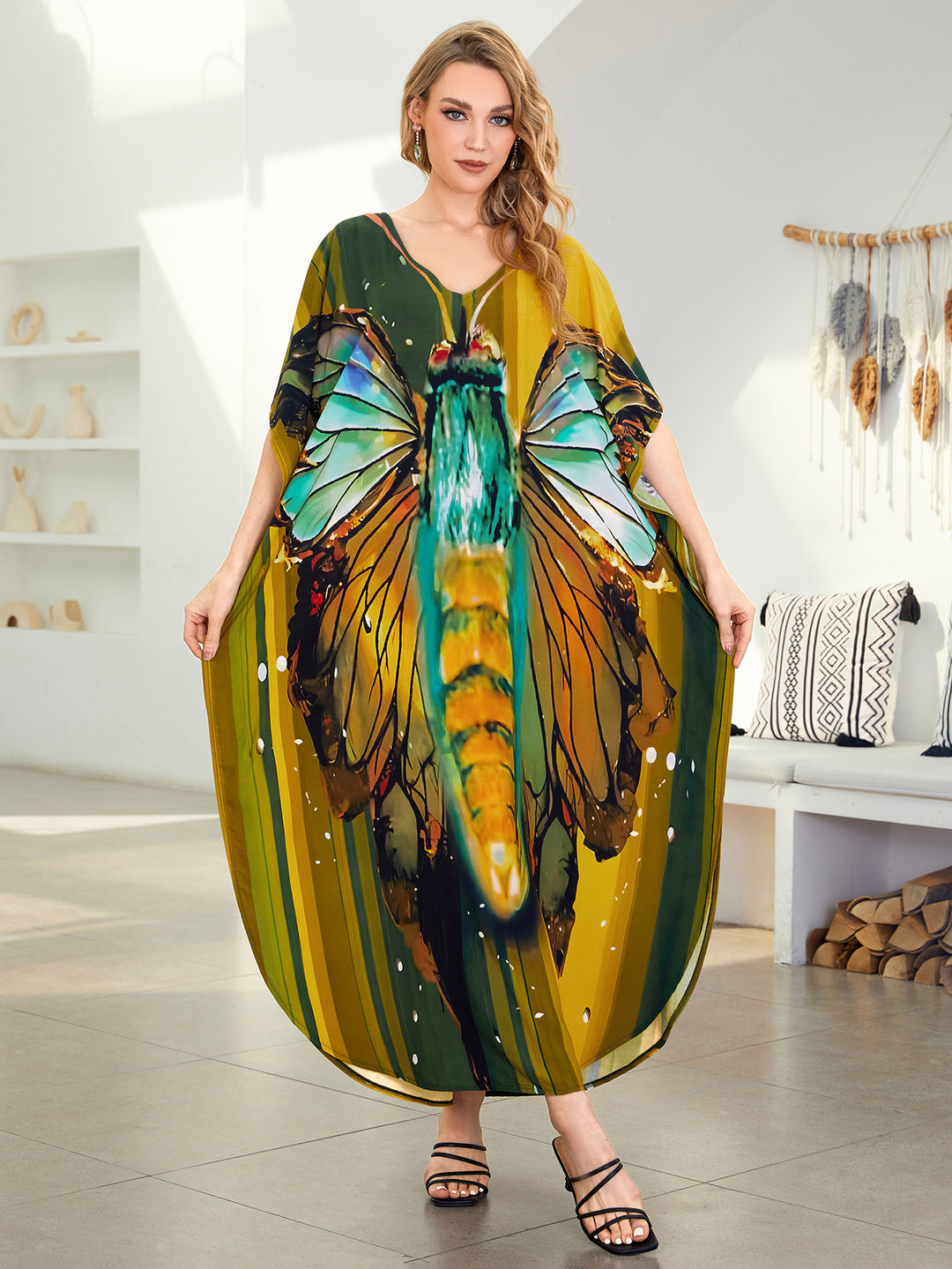 Dame Kaftan med kunstnerisk etno-mønster og elegant V-udskæring Stilla