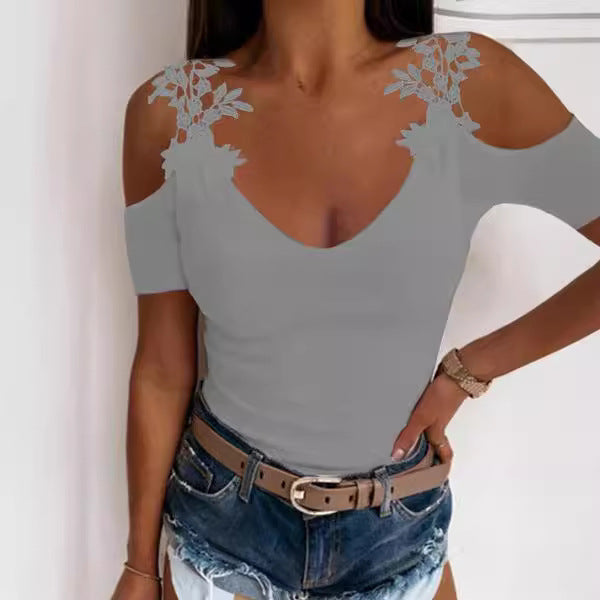 Dame Cold Shoulder Blomster Dekoreret V-Udskæring Top Stilla