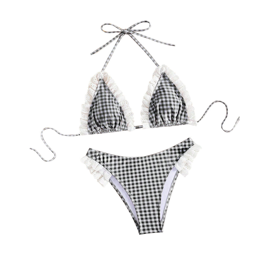 Dame Triangel-Bikini med flæsedetaljer og ternet design Skovae