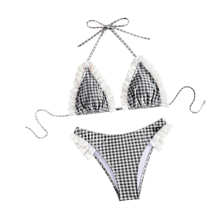 Dame Triangel-Bikini med flæsedetaljer og ternet design Skovae