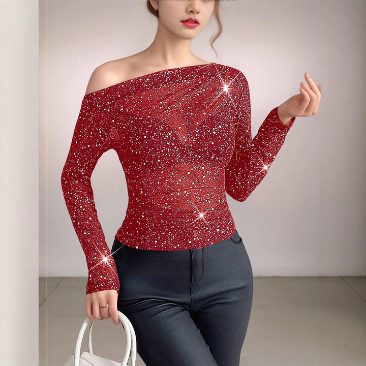 Dame Off-Shoulder Glitrende Mesh-Oberdel Stilla