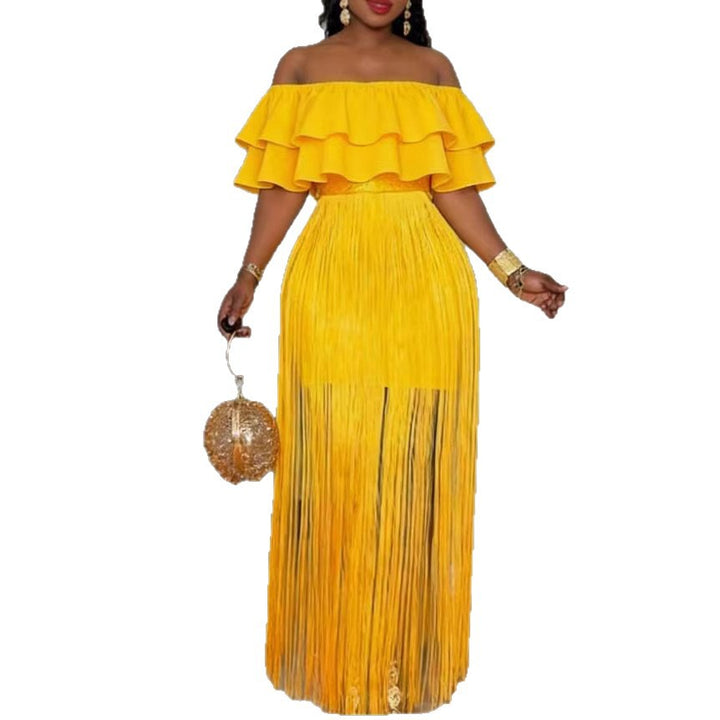 Dame Elegant Off-Shoulder Kjole med voluminøs Flæsekant og frynset Design Skovae