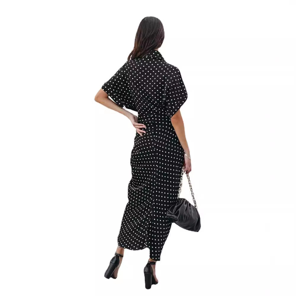 Dame Polka-Dot Knap Midi Kjole med Bindebælte Stilla