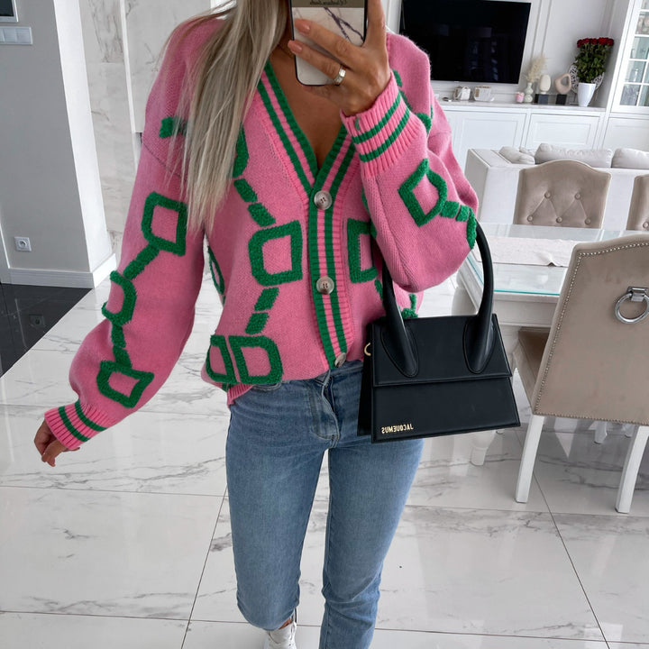 Kvinders oversized cardigan med farverigt geometrisk mønster Skovae