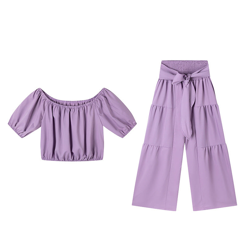 Dame stilfuld off-shoulder crop top og bred bukser sæt Stilla