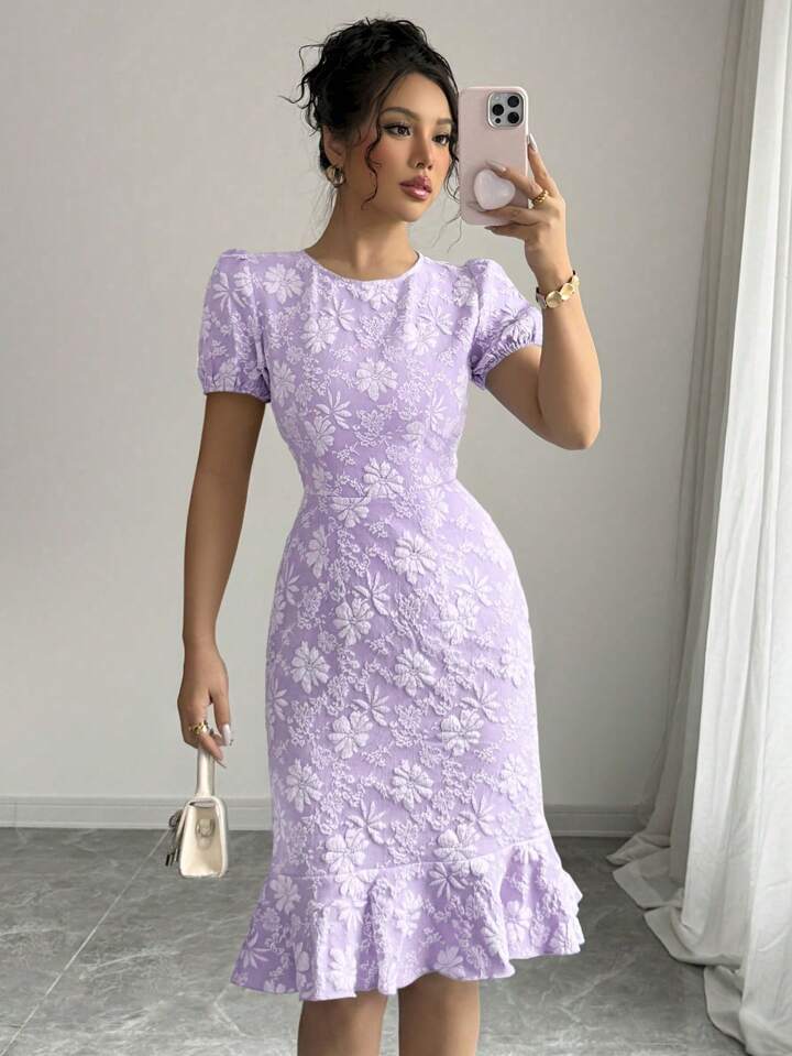 Dame Puffærmet Blomster Bodycon Kjole Stilla