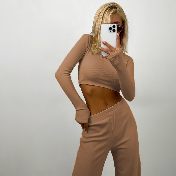 Kvinder elegant og moderne cropped sæt med langærmet top og behagelige bukser Skovae