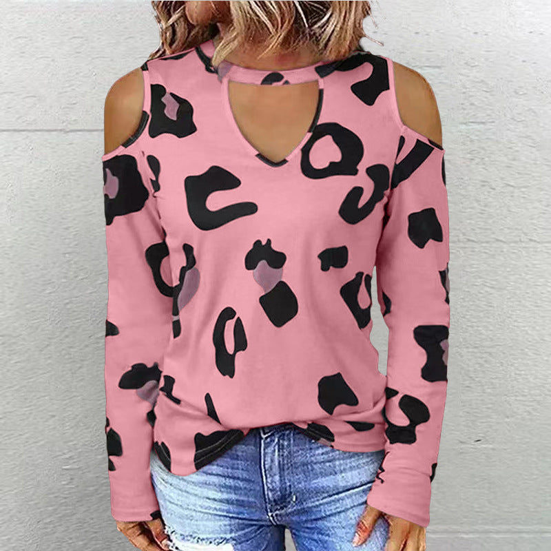 Dame langærmet shirt med fashionable cut-outs og moderne leopardmønster Stilla