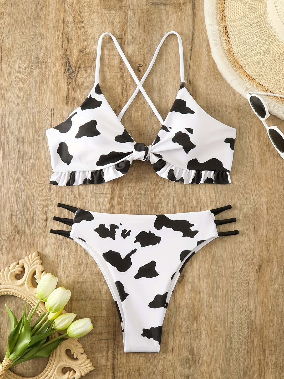 Dame triangel-bikini med frynse-detail og legende kødemønster Skovae