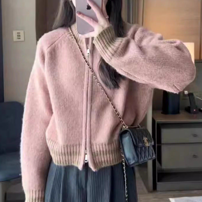 Damer mode strikket cardigan med lynlås og sporty stribemønster Stilla