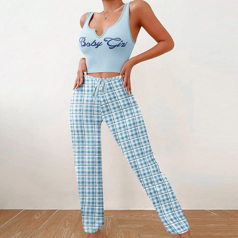 Dame afslappet Crop Top og ternet Bukser Sæt med justerbar linning Stilla