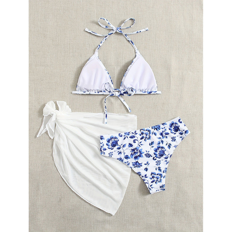 Dame Triangel-Bikini-Sæt med floral mønster og let overtræk Skovae