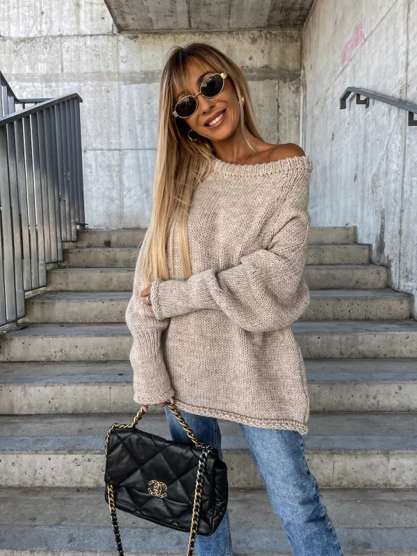 Dame afslappet striktrøje med bred pasform og Off-Shoulder design Stilla