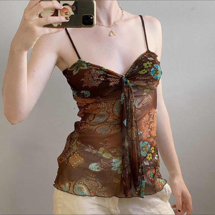 Dame blomster mønster spaghetti strop top med flydende design Skovae