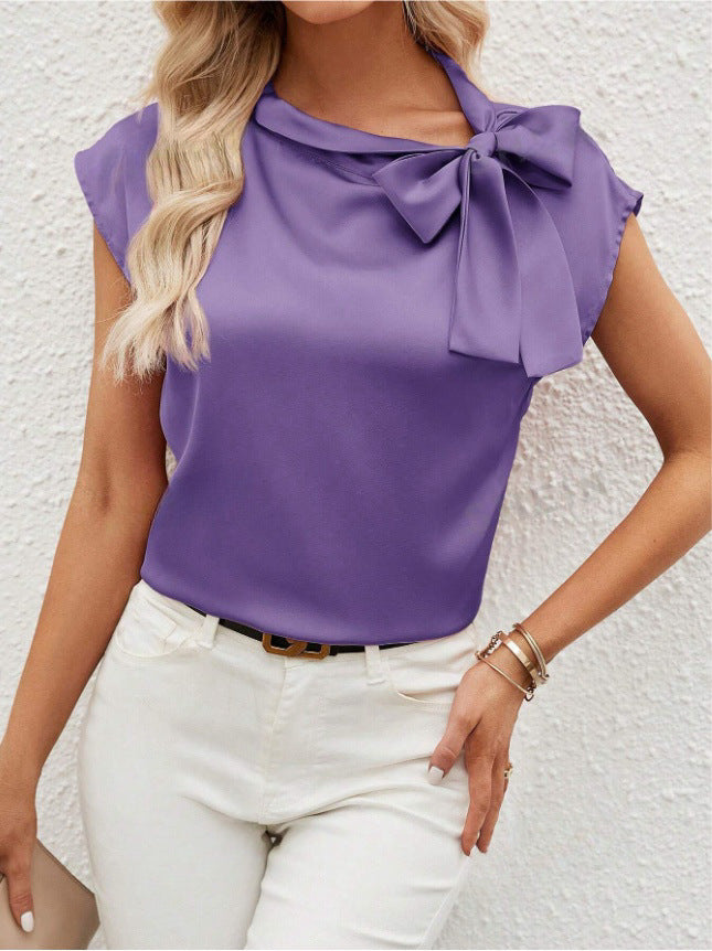 Dame Elegant Satinbluse med Sløjfedetalje Skovae