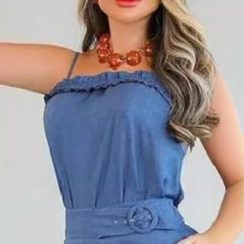 Dame afslappet jumpsuit med ruffles detaljer og justerbart taljebælte Skovae