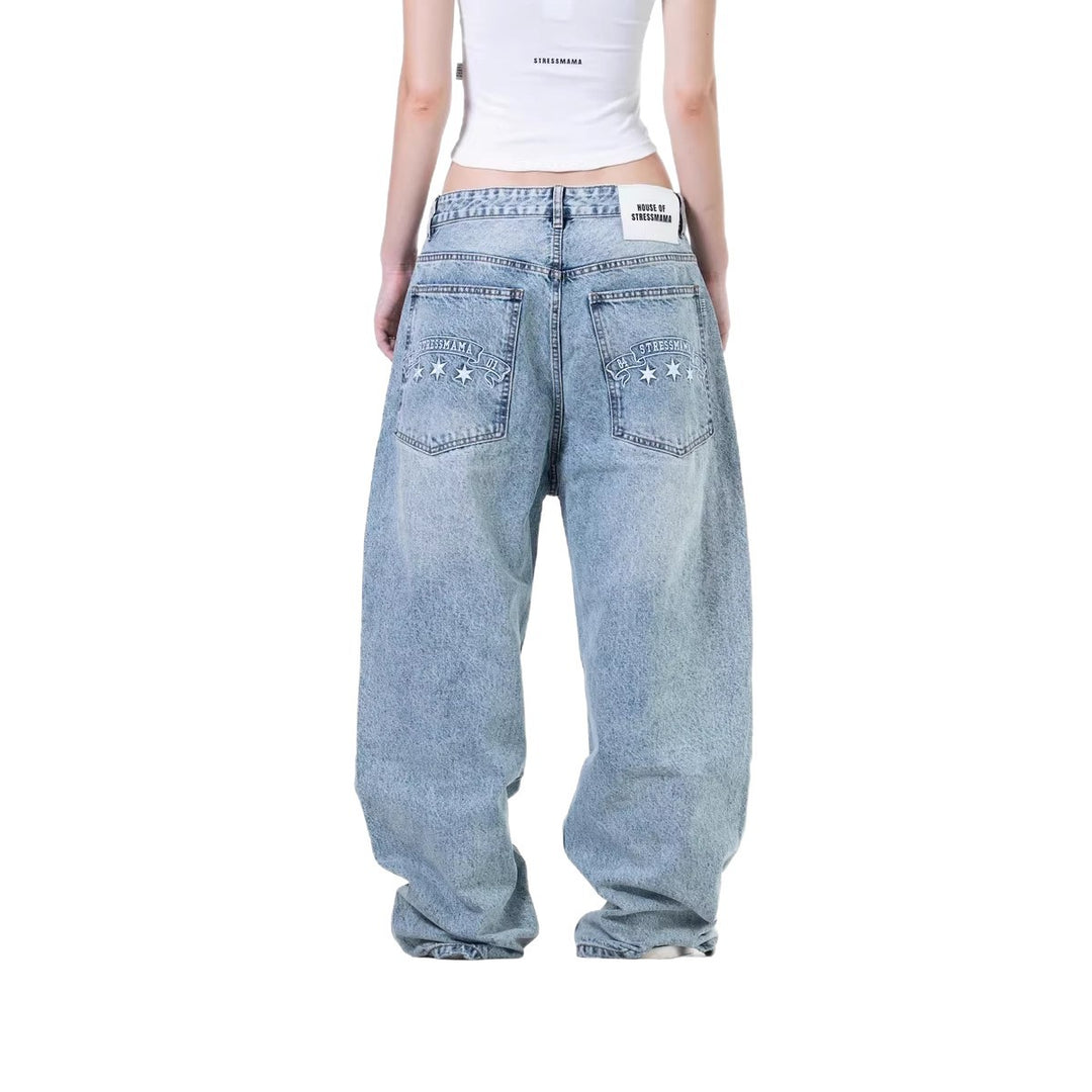 Dame løse denim-jeans med stilfuldt broderidesign Skovae