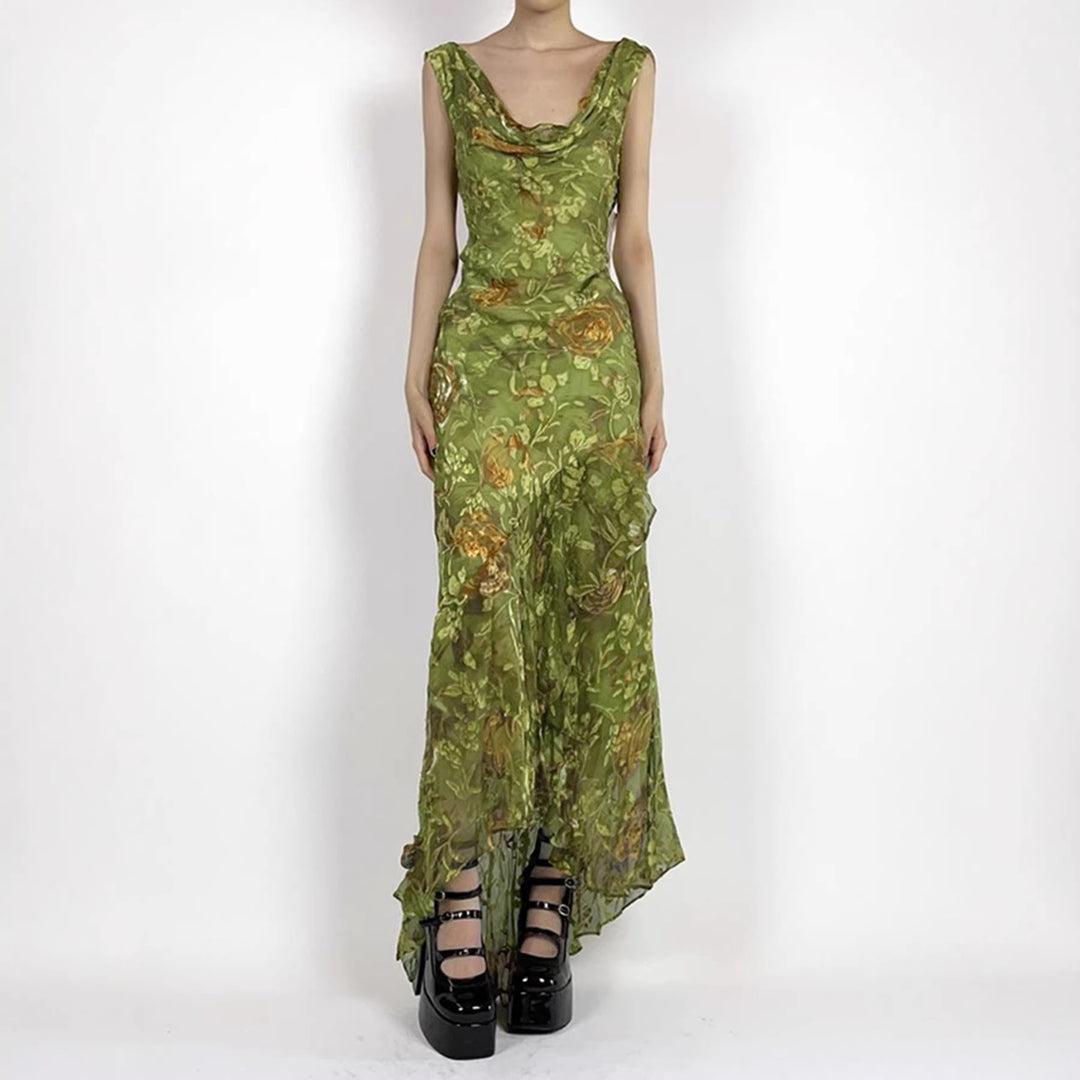 Dame maxikjole med asymmetrisk kant og floral design Skovae