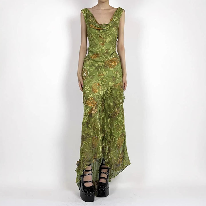 Dame maxikjole med asymmetrisk kant og floral design Skovae