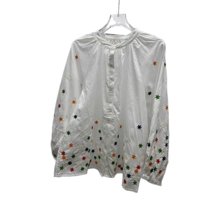 Damebluse med blomstermotiv og rynket ærme Stilla