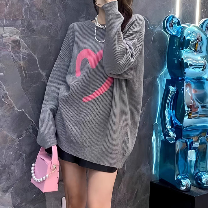 Kvinders oversized sweater med strikket smiley mønster Stilla