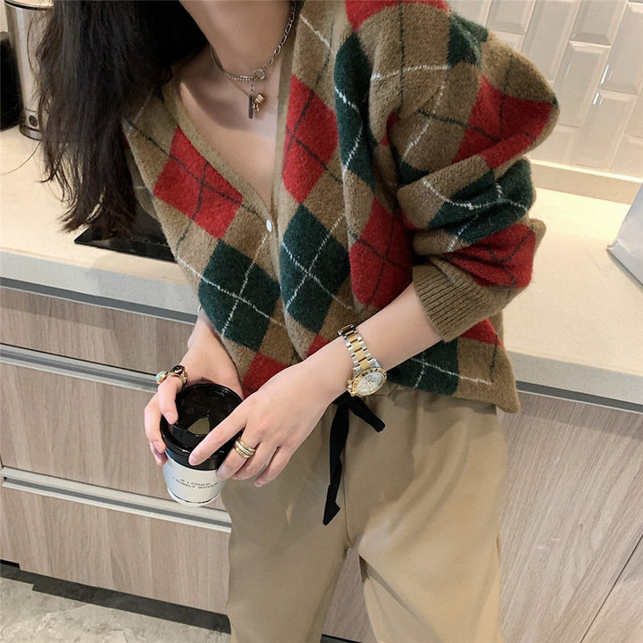 Femme Artistic Argyle Strikcardigan Stilla
