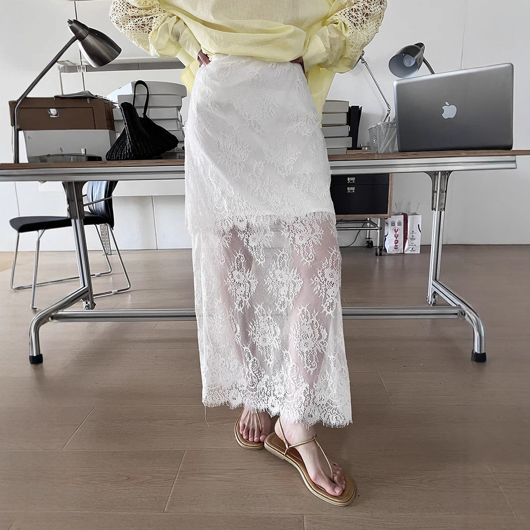 Dame spidstrømpe med gennemsigtig lacing-kant og elegant design Stilla