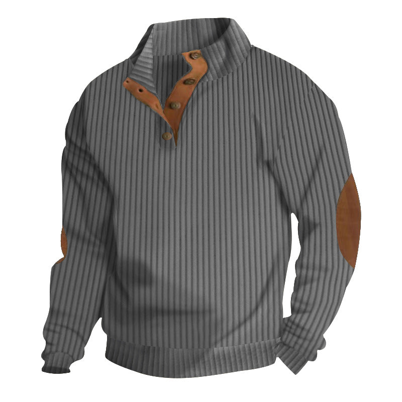 Herren nan struktureret rib-pullover med kort knapkrave og suede albue-patches Skovae