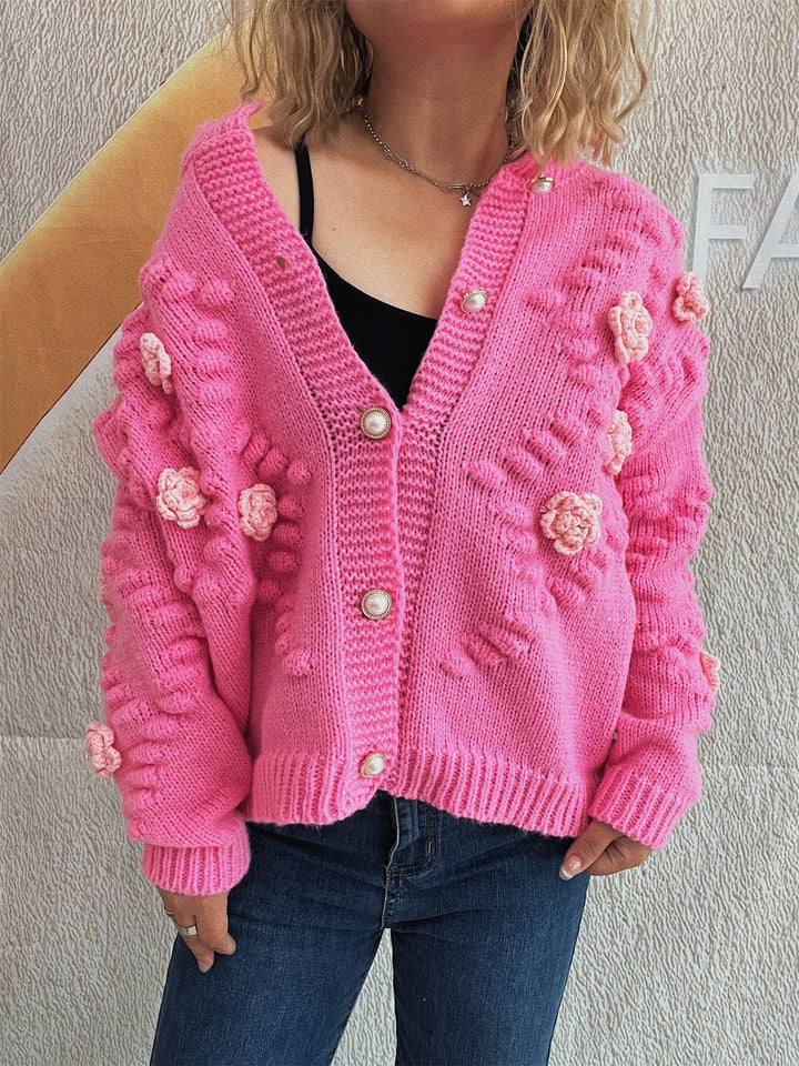Dame cardigan med blomsterapplikationer og perleknapper Stilla