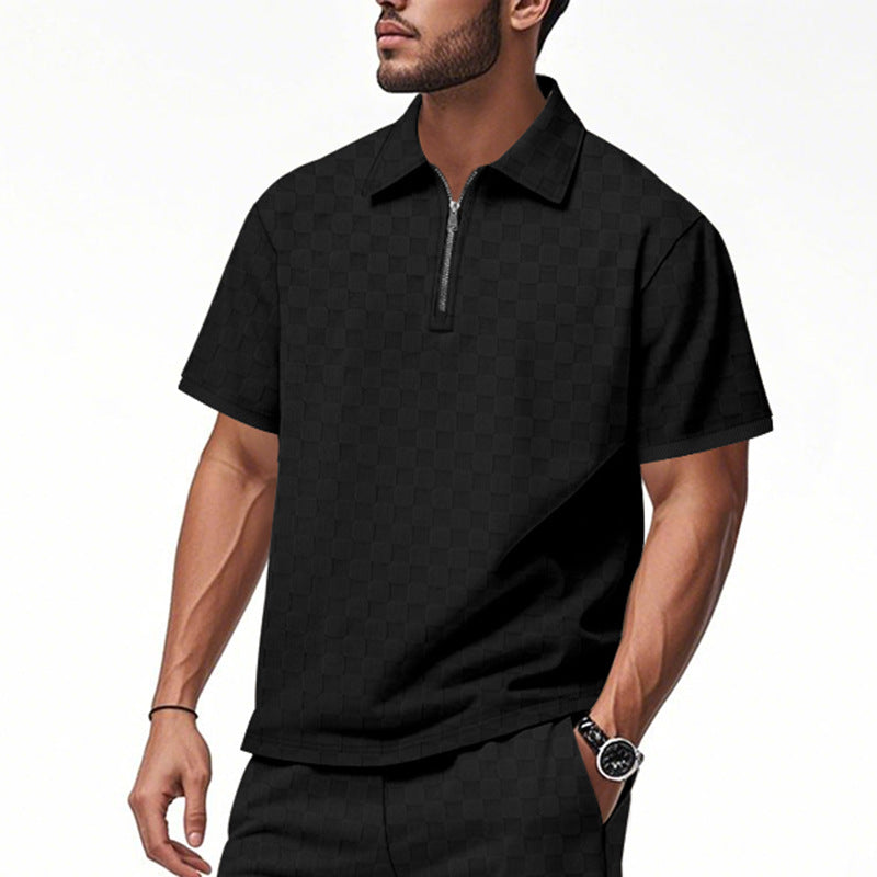 Herren nan kort halvlyn poloshirt i struktureret wafflestrik med skjortekrave og figursyet pasform Skovae
