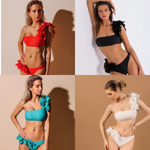 Dame bikini-sæt med asymmetrisk top og kreative blomsterapplikationer Stilla