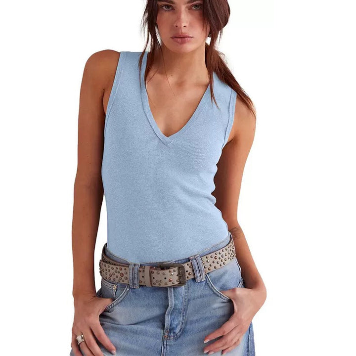 Dame V-hals tanktop med fin ribstruktur Stilla