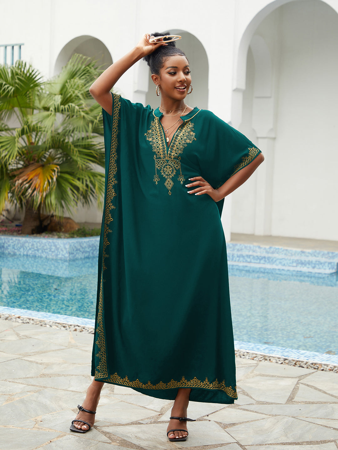 Dame lang kaftan kjole med luksuriøs broderet borte Stilla