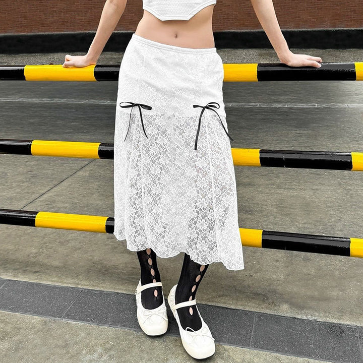 Dame elegant spids nederdel med transparente indsatser og raffinerede bindebånd Skovae