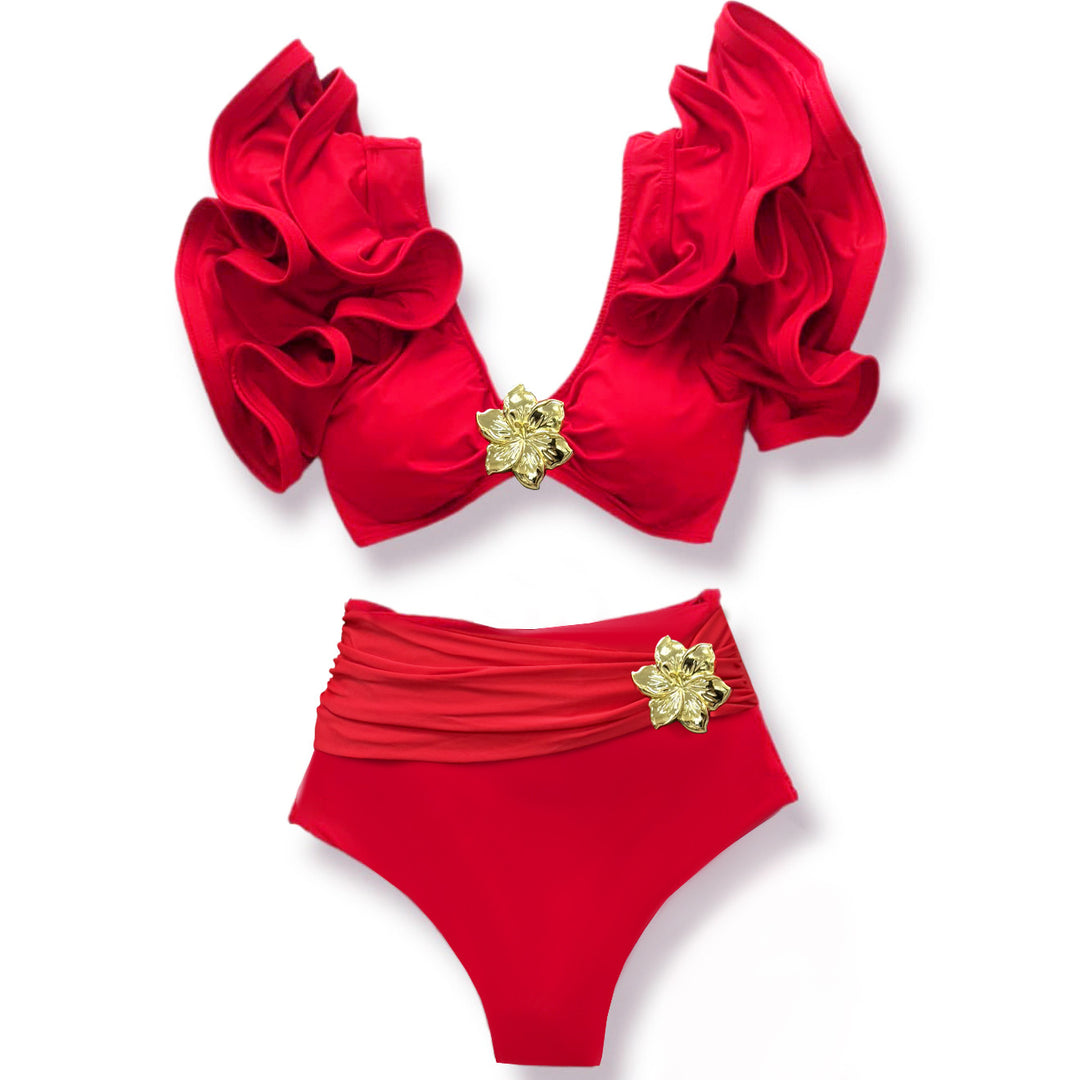Dame Bikini-sæt med elegante volangdetaljer og charmerende blomstapplikationer Stilla