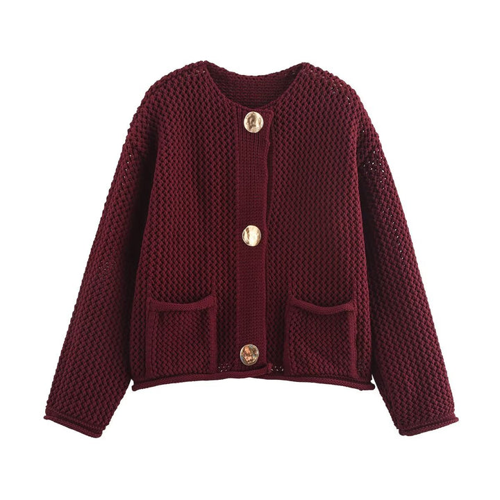 Dame cardigan med tekstureret stof og metal knapper Stilla